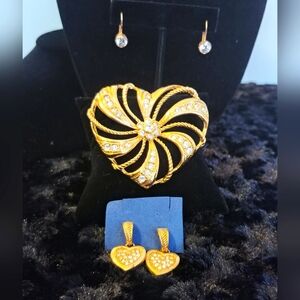 Vintage Avon & CZ Goldtone Jewelry Lot Large Rhinestone Heart Pin Brooch